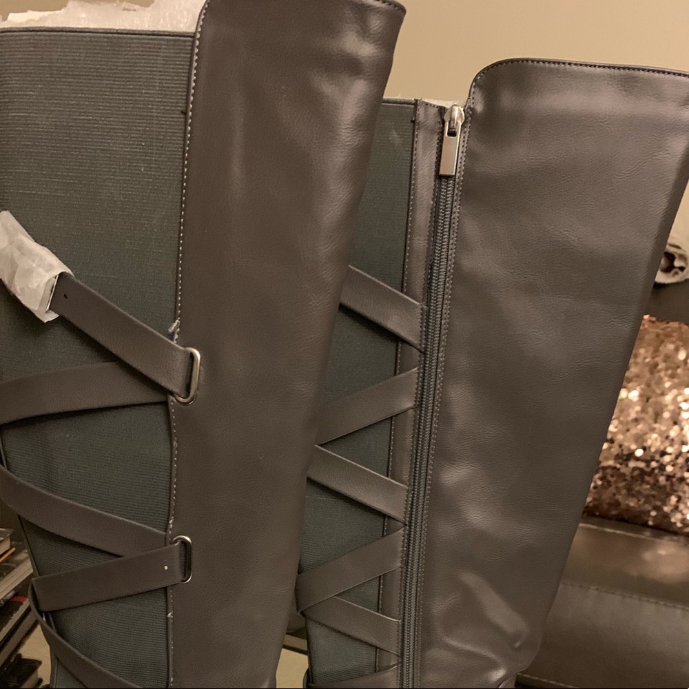 Grey knee high boots wide calf criss cross design